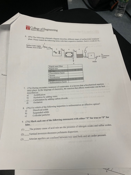 ollege of Engineering 6, (696) The following s schematic diagram describes different stages of surfacewater treatment match t