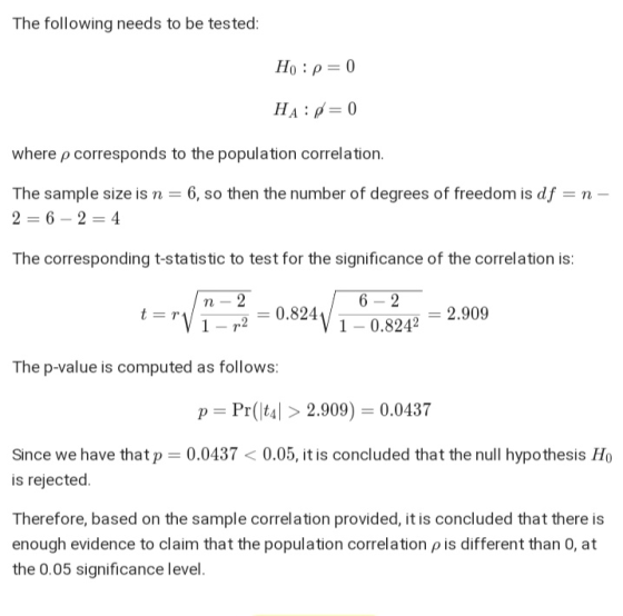 The following needs to be tested: H : p=0 HA: p=0 where p corresponds to the population correlation. The sample size is n = 6