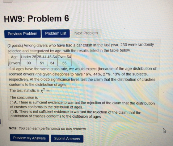 HW9: Problem 6 Previous Problem Problem List Next Problem (2 points) Among drivers who have had a car crash in the last year,