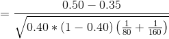 =\frac{0.50-0.35}{\sqrt{0.40*(1-0.40)\left ( \frac{1}{80}+\frac{1}{160} \right )}}