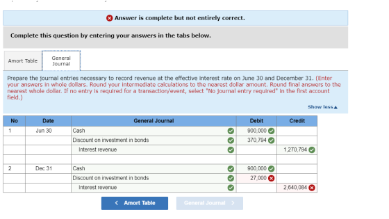 Answer is complete but not entirely correct. Complete this question by entering your answers in the tabs below. Amort Table G