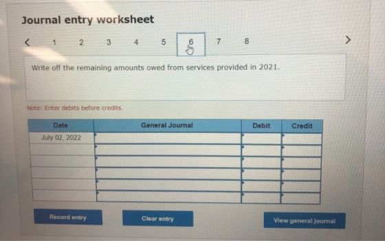 Journal entry worksheet < 1 2 3 4 5 6 Write off the remaining amounts owed from services provided in 2021. Note: Enter debits