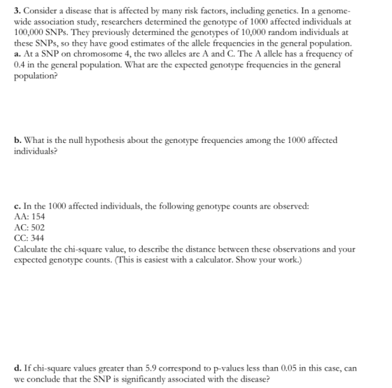 3. Consider a disease that is affected by many risk factors, including genetics. In a genome- wide association study, researchers determined the genotype of 1000 affected individuals at 100,000 SNPs. They previously determined the genotypes of 10,000 random individuals at these SNPs, so they have good estimates of the allele frequencies in the general population. a. At a SNP on chromosome 4, the two alleles are A and C. The A allele has a frequency of 0.4 in the general population. What are the expected genotype frequencies in the general population? b. What is the null hypothesis about the genotype frequencies among the 1000 affected individuals? c. In the 1000 affected individuals, the following genotype counts are observed: АЛ. 154 AC: 502 CC: 344 Calculate the chi-square value, to describe the distance between these observations and your expected genotype counts. (This is easiest with a calculator. Show your work.) d. If chi-square values greater than 5.9 correspond to p-values less than 0.05 in this case, can we conclude that the SNP is significantly associated with the disease?