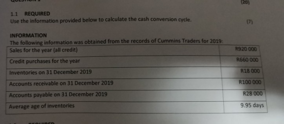 (20) 1.1 REQUIRED Use the information provided below to calculate the cash conversion cycle. (7) INFORMATION The following in