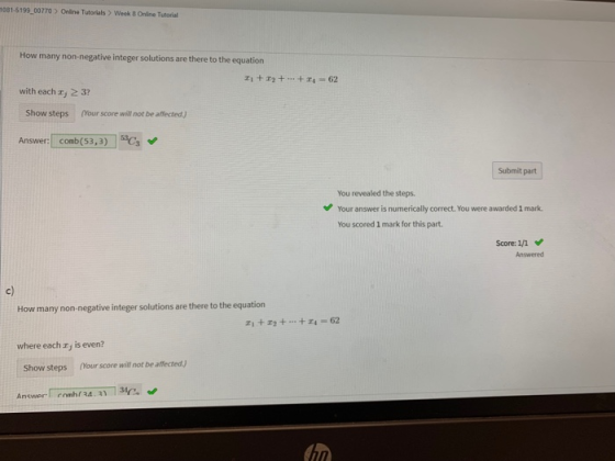 1081-5199 00770 Online Tutorials> Week 8 Online Tutorial How many non-negative integer solutions are there to the equation 1+
