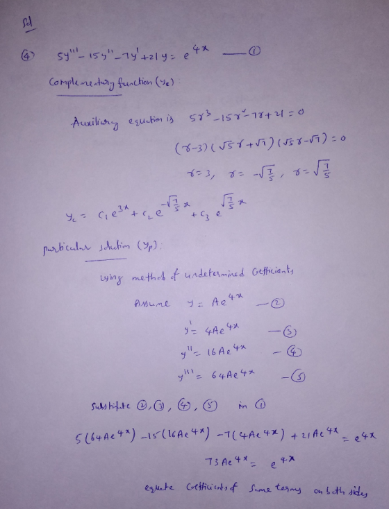 (6 - 54_159_74 +21 y = e 4x complementary function (36) Auniliury equation is 583_158% 18+21=0 (8-3) (55t+vi) (US 8-17) - 0
