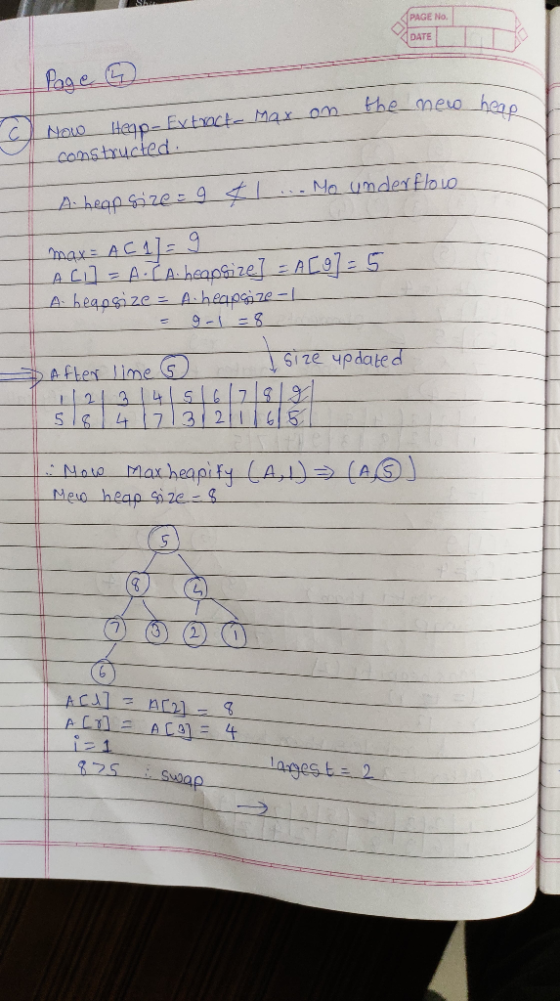PAGE No. DATETT Page 9 Now Hepp-Ex trocke Max on the new here constructed A heapsize=9 ... Me under flow max= AC1 = 9 AC] = A