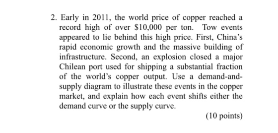 2. Early in 2011, the world price of copper reached a record high of over S10,000 per ton. Tow events appeared to lie behind