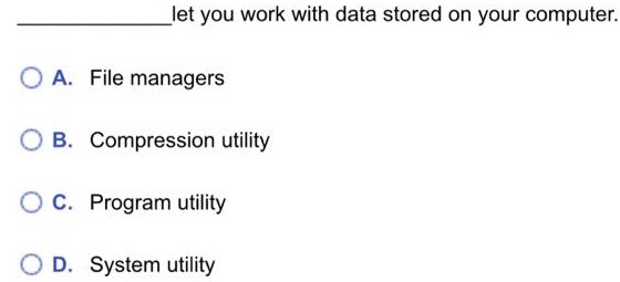 _let you work with data stored on your computer. O A. File managers O B. Compression utility O c. Program utility O D. System