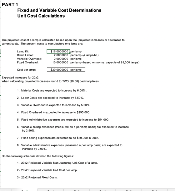 PART 1 Fixed and Variable Cost Determinations Unit Cost Calculations The projected cost of a lamp is calculated based upon th