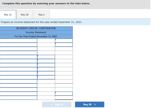 Complete this question by entering your answers in the tabs below. Req 1A Req 1B Reg 2 Prepare an income statement for the ye