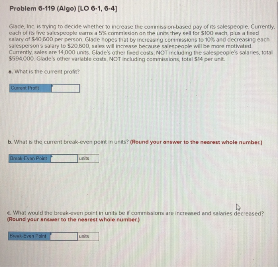 Problem 6-119 (Algo) [LO 6-1, 6-4) Glade, Inc. is trying to decide whether to increase the commission-based pay of its salesp
