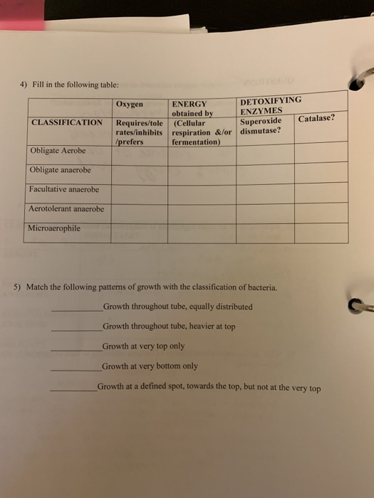 4) Fill in the following table: Oxygen DETOXIFYING ENZYMES Superoxide Catalase? dismutase? CLASSIFICATION ENERGY obtained by