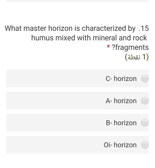 What master horizon is characterized by .15 humus mixed with mineral and rock * ?fragments (1 نقطة) C-horizon A-horizon B- ho