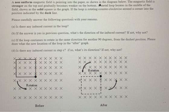 A non-uniform magnetic field is pointing into the paper, as shown in the diagram below. The magnetic field is. stronger on th