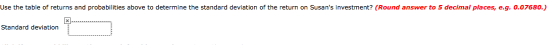Use the table of returns and probabilities above to determine the standard deviation of the return on Susans investment? (Ro