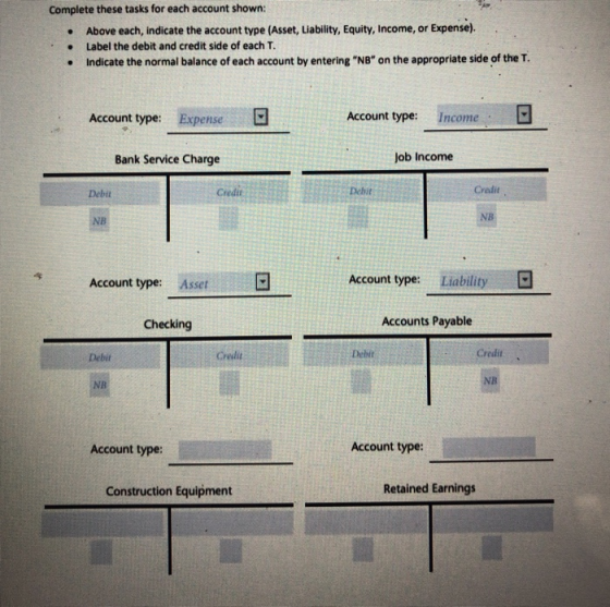 Complete these tasks for each account shown: Above each, indicate the account type (Asset, Liability, Equity, Income, or Expe