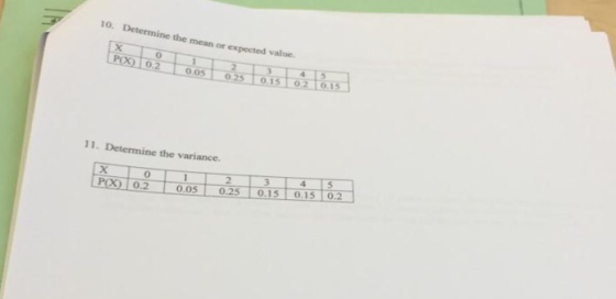 10. Determine the mean or expected value. 0 )0.2 -0051 0.15 10.2 11. Determi ne the variance. 5 Peg 102 0.05025 0.15 015 0.2