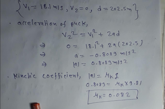 VI18.1 MIS V2= 0, d-2o 2 , Sm accelerahon 0- puck, N22-V 2ad 18.1t 2a(202.5 az -o.8o89 mls2 la 0.808mis 2 Kinchc coefficient
