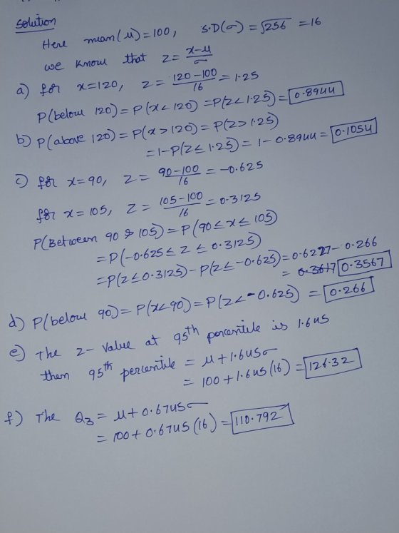 solution Here mean(M)=100, S.D(~) = 8256 = 16 we know that z= x-4 a) for x=120, 2= 120 - 100 = 1.25 P (below 120)=P(x2 120 =P