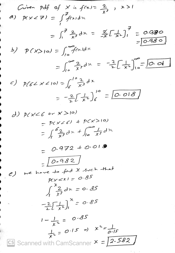 • -0.980] - Ciren pdf of t i fas= 2 / 3 x>1 a) pcx27) = $fandic = Sit dx = $[+] = 0.980 b) PCXSio) = Se foudre Sondre = [+ =l