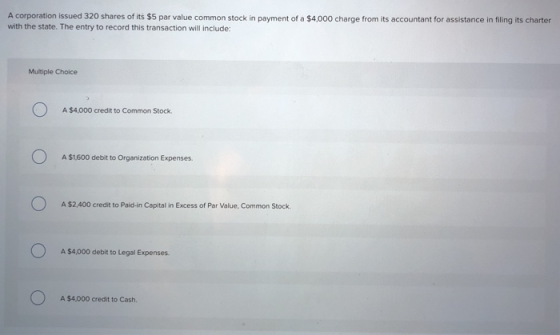 A corporation issued 320 shares of its $5 par value common stock in payment of a $4,000 charge from its accountant for assist