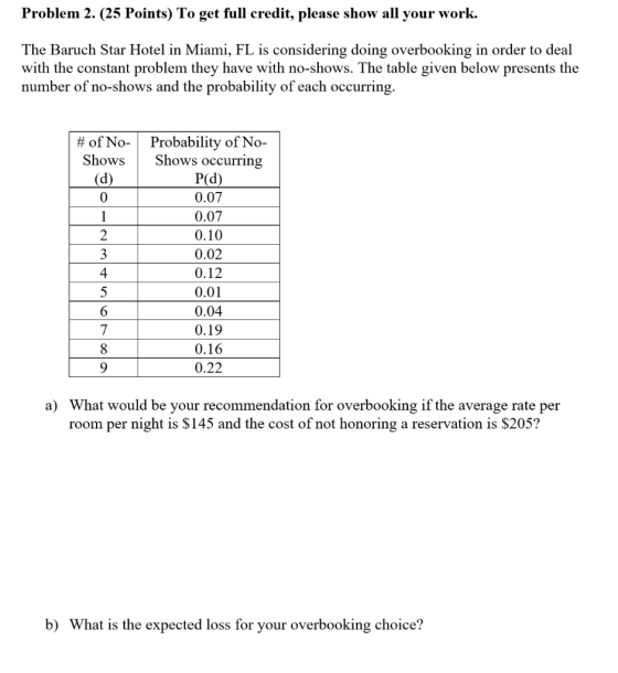 Problem 2. (25 Points) To get full credit, please show all your work. The Baruch Star Hotel in Miami, FL is considering doing