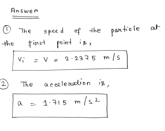 Answer o The speed of the partiele at the fiorst point is, Vi - V = 2:23 7 5 mis 2. The acceleration is a 1.715 m/s2