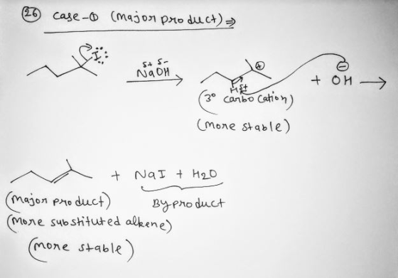 (26 case- (major product) $+ S- NaOH + OH → (30 carbocation) (more stable) + Na I + H2O (major product) By product (more subs