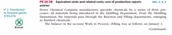 PR 20-3B Equivalent units and related costs;cost of production report entries OBJ.2,34 2. Transferred Dover Chemical Company manufactures specialty chemicals by a series of three pro- cesses, all materials being introduced in the Distilling Department. From the Distilling Department, the materials pass through the Reaction and Filling departments, emerging as finished chemicals. to finished goods $705,376 The balance in the account Work in Process-Filling was as follows on January 1 Excel (Continued)