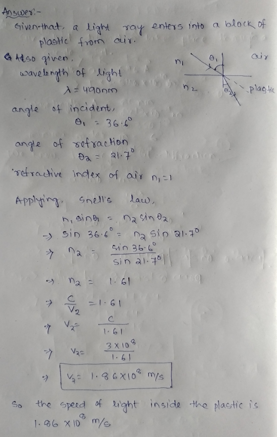 Answer - Given that a light ray enters into a block of plastic from air. & Adso given, l a wavelength of light = waonm - plas