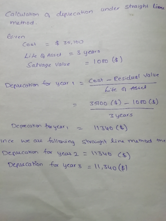 under straight linne a Calculation method. deprecatione tion liven Cost = $35, 100 Life of Asset = 3 years Salvage value = 10