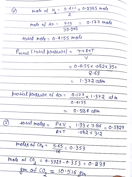 hole of H = 0.47-0.9385 mall q mole of Ar= = 0.174 mole 7.10 39.948 total mole=0.4155 mole Prosal (total poussere] = nx RXT =