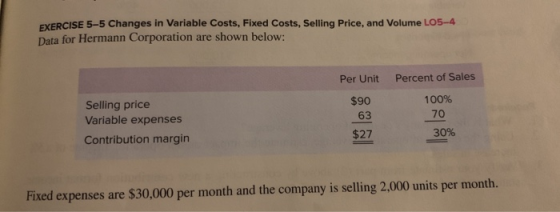 EXERCISE 5-5 Changes in Variable Costs, Fixed Costs, Selling Price, and Volume L05-4 Data for Hermann Corporation are shown b