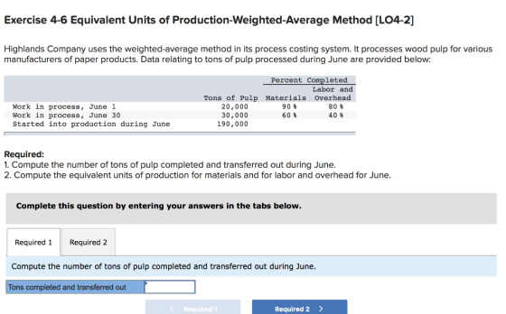 Exercise 4-6 Equivalent Units of Production-Weighted Average Method [LO4-2] Highlands Company uses the weighted average metho
