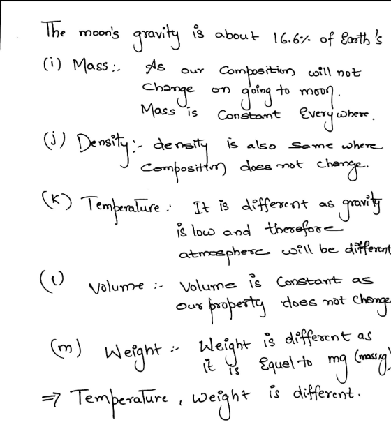 The moons gravity is about 16.6% of Earths (0) Mass :. As our composition will not change on going to moon. Mass is constan