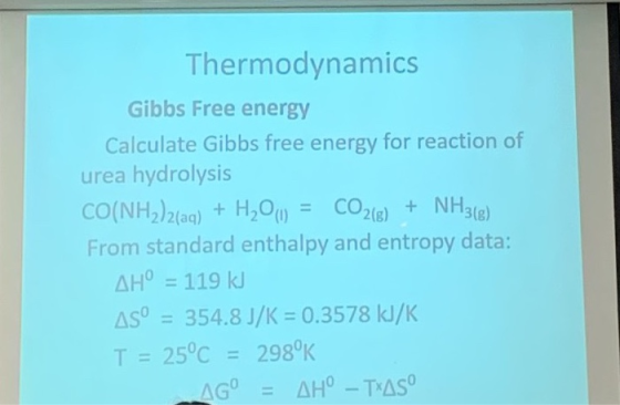 Thermodynamics Gibbs Free energy Calculate Gibbs free energy for reaction of urea hydrolysis CO(NH2)2(aq) + H2O0) = CO2(g) +
