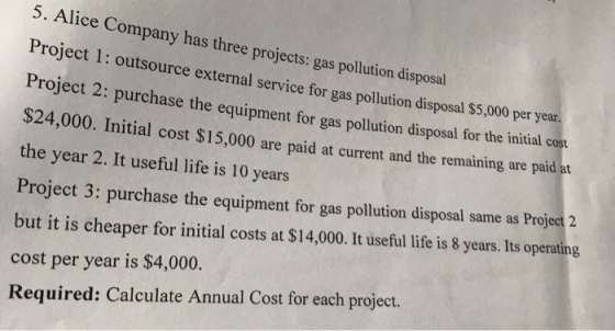 5. Alice Company has three projects: gas pollution disposal rroject 1: outsource external service for gas pollution disposal