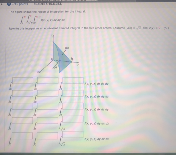 + -/15 points scacats 15.6.033. The figure shows the region of integration for the integral. [lib.*rex, y, z) oz oy ok f(x,