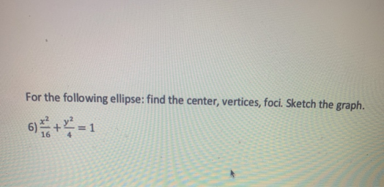 For the following ellipse: find the center, vertices, foci. Sketch the graph.