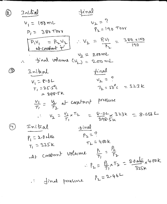U2 = ? 190 0 Initial final u, = 100ml P = 380 torr P2=190 Torr TPV = P2 U2 : ₂ = PUI = 380x100 I at constant T 1 is V₂ = zoom