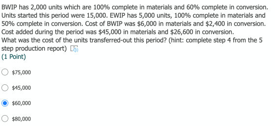 BWIP has 2,000 units which are 100% complete in materials and 60% complete in conversion. Units started this period were 15,0
