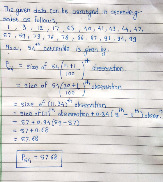 The given data can be amanged in ascending order as follows, 1, 3, 12, 17, 23, 40, 41, 43, 44, 47, 57,59, 73, 76, 78, 86, 87,