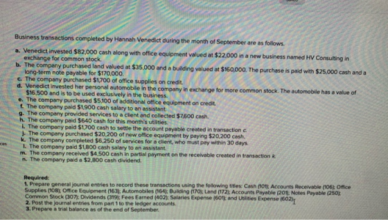 Business transactions completed by Hannah Venedict during the month of September are as follows. a. Venedict invested $82,000