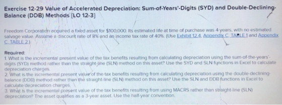 Exercise 12-29 Value of Accelerated Depreciation: Sum-of-Years-Digits (SYD) and Double Declining. Balance (DDB) Methods (LO