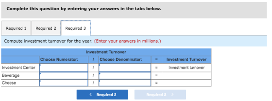Complete this question by entering your answers in the tabs below. Required 1 Required 2 Required 3 Compute investment turnov