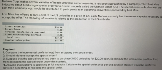 Mohave Corp. makes several varieties of beach umbrellas and accessories. It has been approached by a company called Lost Mine