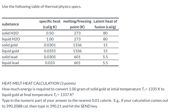 Use the following table of thermal physics specs. substance solid H20 liquid H2O solid gold liquid gold solid lead liquid lea