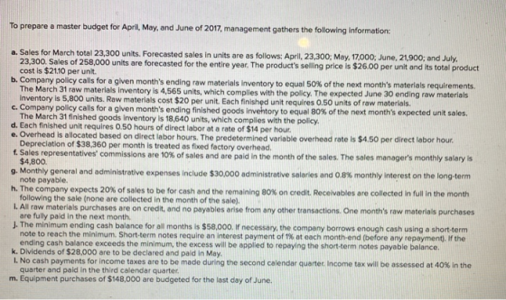 To prepare a master budget for April, May, and June of 2017, management gathers the following information: a. Sales for March