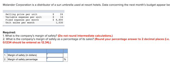 Molander Corporation is a distributor of a sun umbrella used at resort hotels. Data concerning the next months budget appear